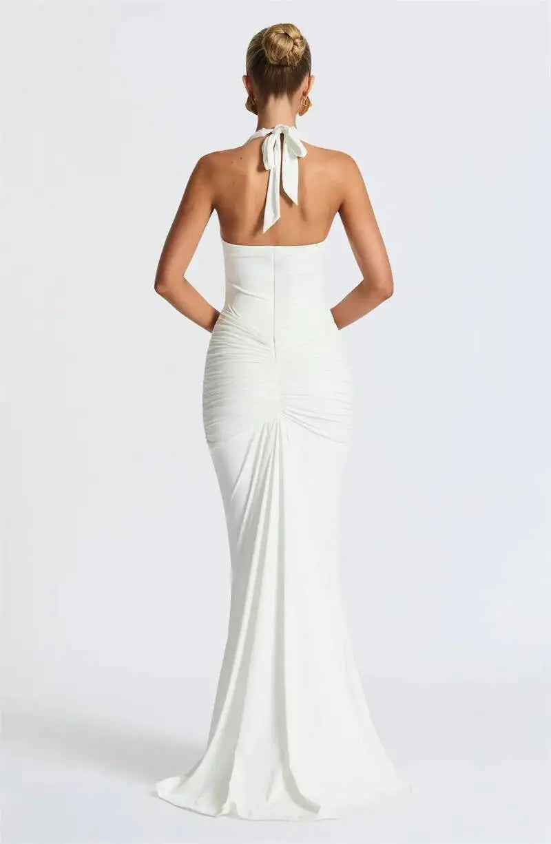 Deep V Neck Draped Ruched Sexy Maxi Dress Women Summer Fashion Halter Sleeveless Backless Club Party Long Dress Elegant BM98