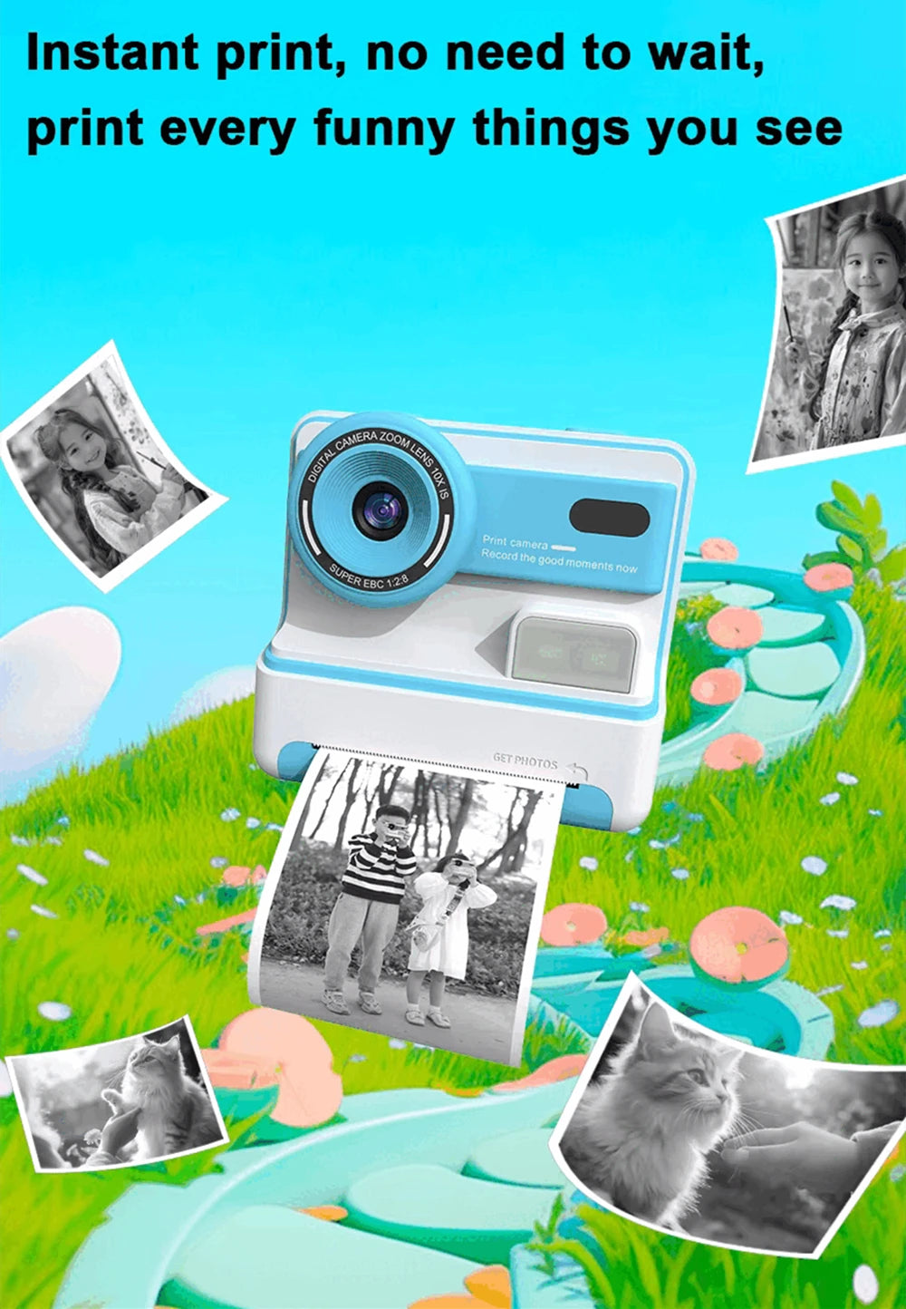 Kids Instant Print Camera 1080P 48MP 2.4 Inch Screen 16X Zoom Children Camera Thermal Printer Portable Travel Selfie Camera Toy