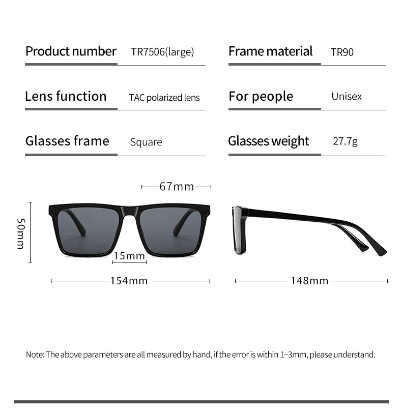 Men Sunglasses UV400 Polarized Sun Glasses Women TR90 Sunscreen Big Square Eyeglasses Frame Driving Goggles Fishing Eyewear