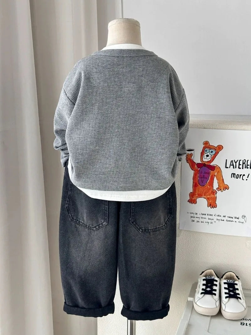 Babys Boys Waffle Grid Long Sleeved V-neck T-shirt Spring Autumn 2025 Pullover Cotton Hoodie Kids Handsome Fake Two Items Tops