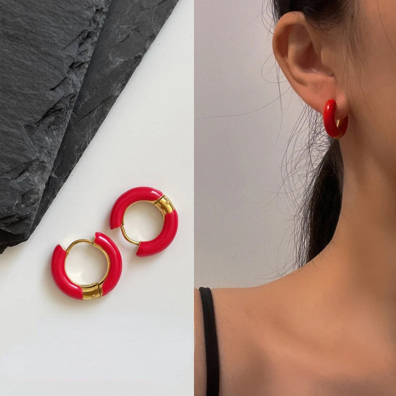 Modern Jewelry Round Colorful Enamel Green Blue Pink Red Buckle Earrings For Women Girl Gift Elegant Temperament Accessories