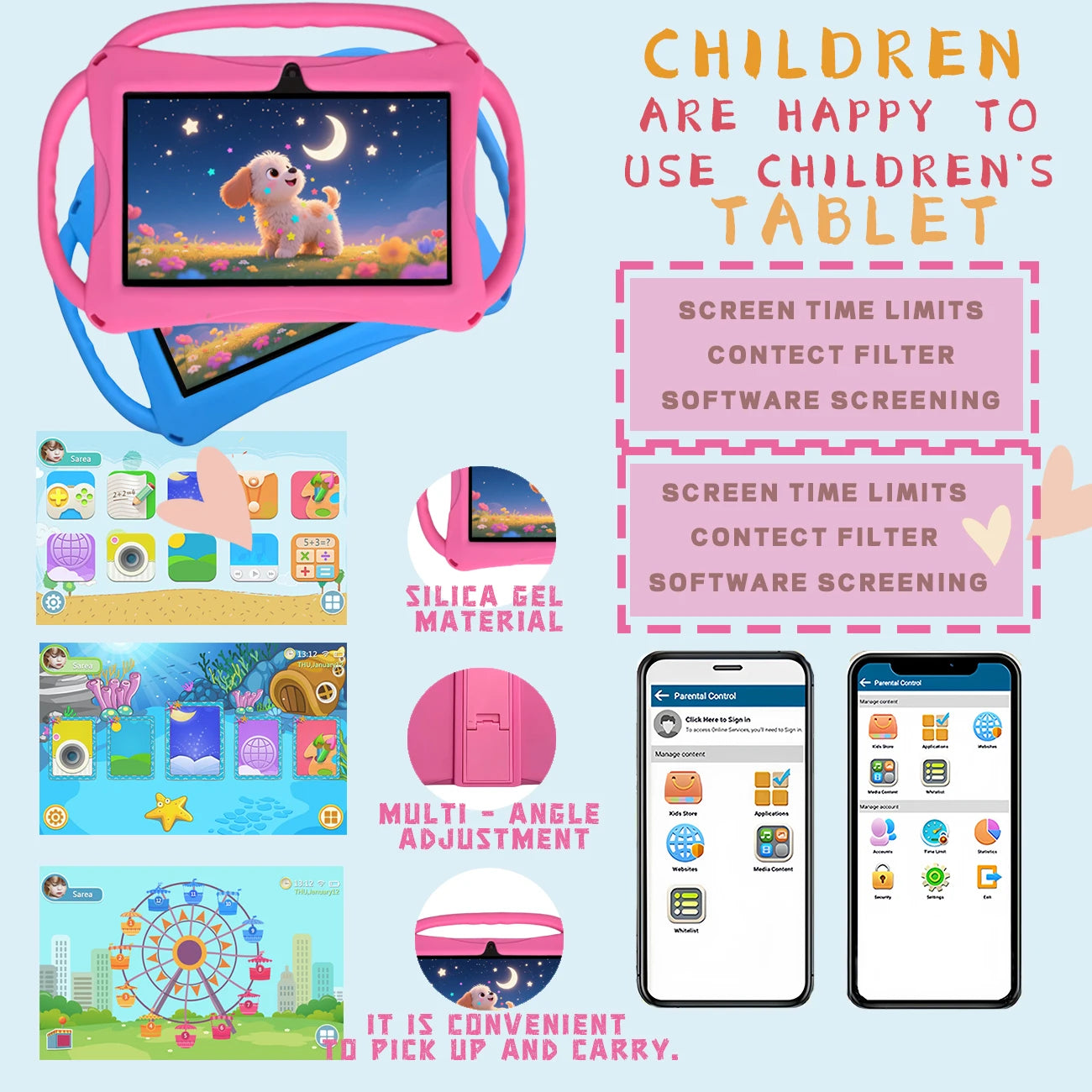 Kids Tablet 7 inch, Children Tablet with Parent Control,dual cameras, children's gifts for Christmas and birthday.Pink/Blue