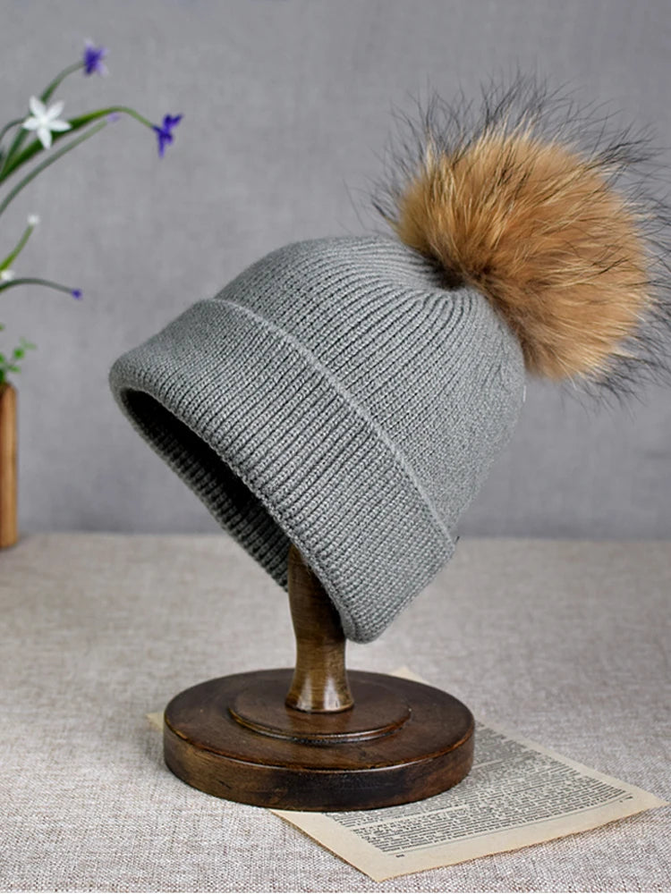 Hot selling autumn and winter parent-child woolen hats raccoon fur balls warm sleeves knitted hats trendy