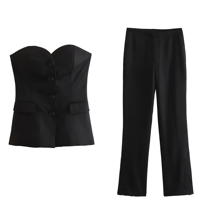 HH 2024 Women Solid Tube Top Pant Suit Sleeveless Off Shoulder Single Breasted Tube Top+All-match Straight Trousers Set TRAF