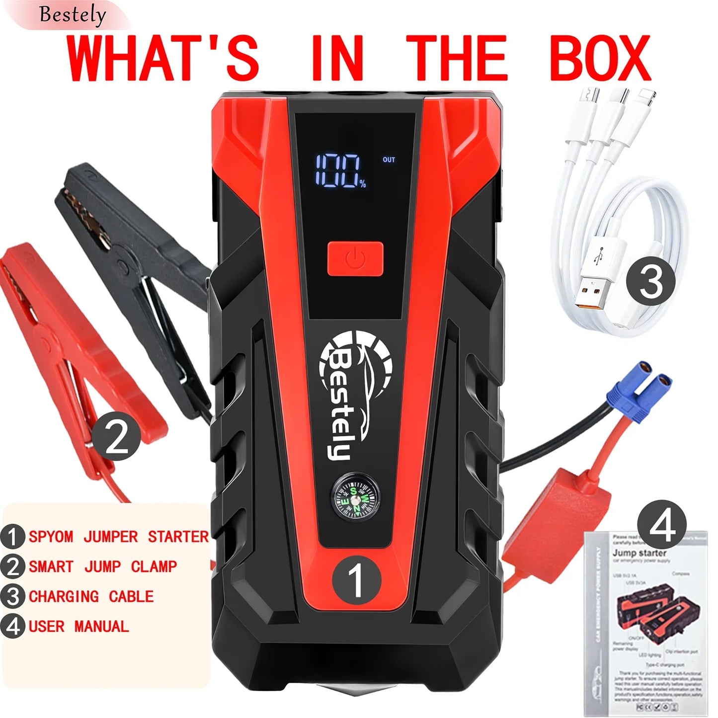 Latest 12v Car Battery Jump Starter,3000A Peak Jump Starter Battery Pack,Portable Jump Box with Full LCD Screen & LED Light &USB