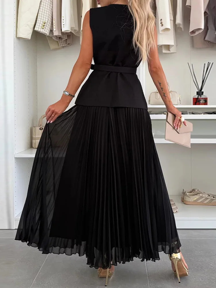 Ladies Sets Two Pieces Office Clothing, Maxi Shirts Sleeveless Buttons Coat Sets, Women Spring Summer Slim Fit Lace-Up Outfits