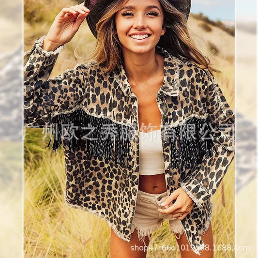 Women Spring Diamonds Beaded Tassels Washed Old Leopard Printed Denim Jacket Fringed Jeans Coat Cowboy Cardigan Streetwear Tops