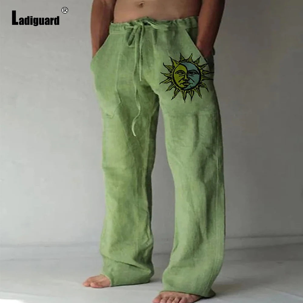 Plus Size 5xl Mens Loose Pants 2025 Summer Casual Linen Pants Male Fashion Print Trouser Men Patchwork Drawstring Leisure Pant