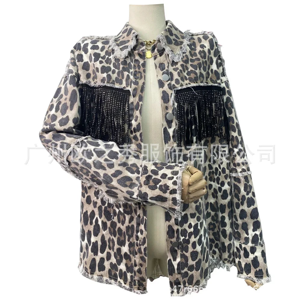 Women Spring Diamonds Beaded Tassels Washed Old Leopard Printed Denim Jacket Fringed Jeans Coat Cowboy Cardigan Streetwear Tops