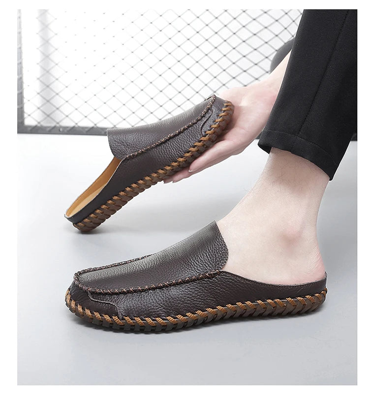 Plus Size 38-48 Handmade Mules Mens Backless Loafers Slippers Half Shoes For Men Slide Closed Toe Sandals Semi-Drag Casual Shoes