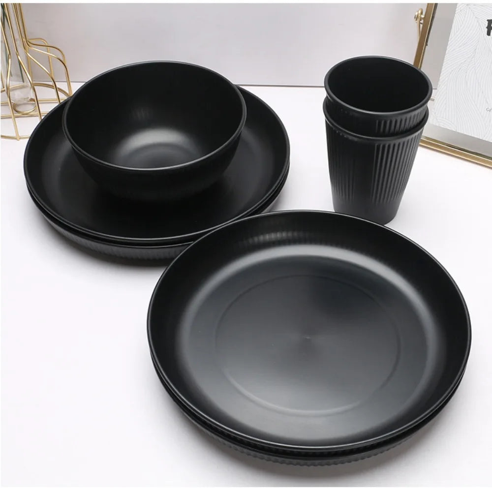3pcs/set Eco-friendly Plastic Black Tableware Set Vertical Stripes Anti-fall Cutlery Set Plate/Bowl/Cup Party