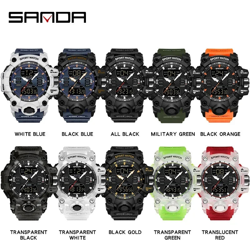 SANDA 6126 Military Man Alarm Stopwatch Quartz Wristwatch Male Digital Clock  Dual Display Men Watches Waterproof Sports Watch