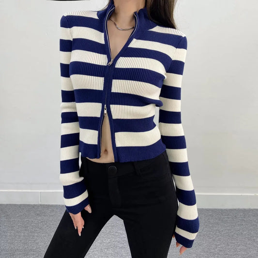 Slim Fit American Style Knitted Cardigan Women's Double Zipper Open Front Pure Desire Autumn Fashion Outerwear BM Style