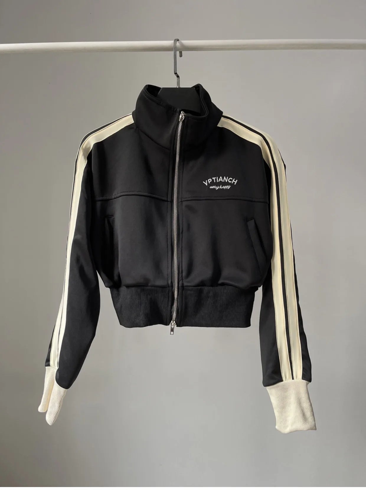 [YOZOU] Spring Double Zipper Baseball Cropped Jacket Women Outerwear Embroidered Striped Green Black White Blue Zip Up Coat