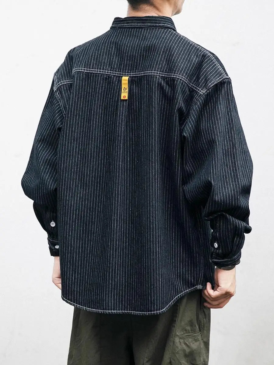 Retro Striped Loose Fit Long Sve Collared Men's Denim irt Spring Faion Workwear Jaet Youthful Wear Resistant Chinese...