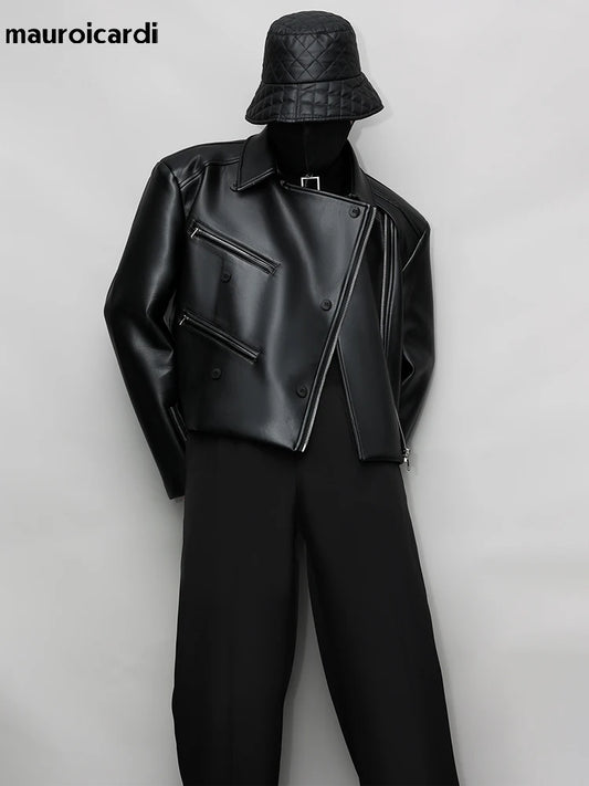 Mauroicardi Spring Autumn Oversized Cool Pu Leather Jacket Men Long Sleeve Stand Collar High Quality Luxury Designer Clothes