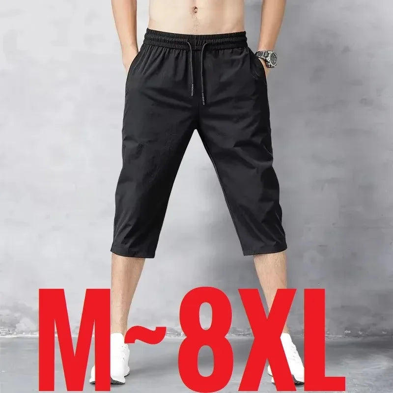 8XL 3/4 Length Men's Shorts Quick Drying Ice Silk Sport Shorts Summer Breeches Long Calf Bermuda Board Beach Elastic Big Size