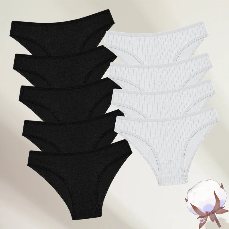 FINETOO 9PCS/SET Cotton Striped Underwear Women's Panties Sexy Soft Solid Color Briefs Female Comfortable Stretch Lingerie M-XL