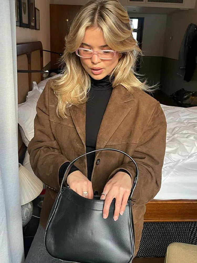 Boyfriend Brown Coat For Women Spring Turndown Collar Long Sleeve Female Jacket 2025 Fashion Loose Single-breasted Lady Coats
