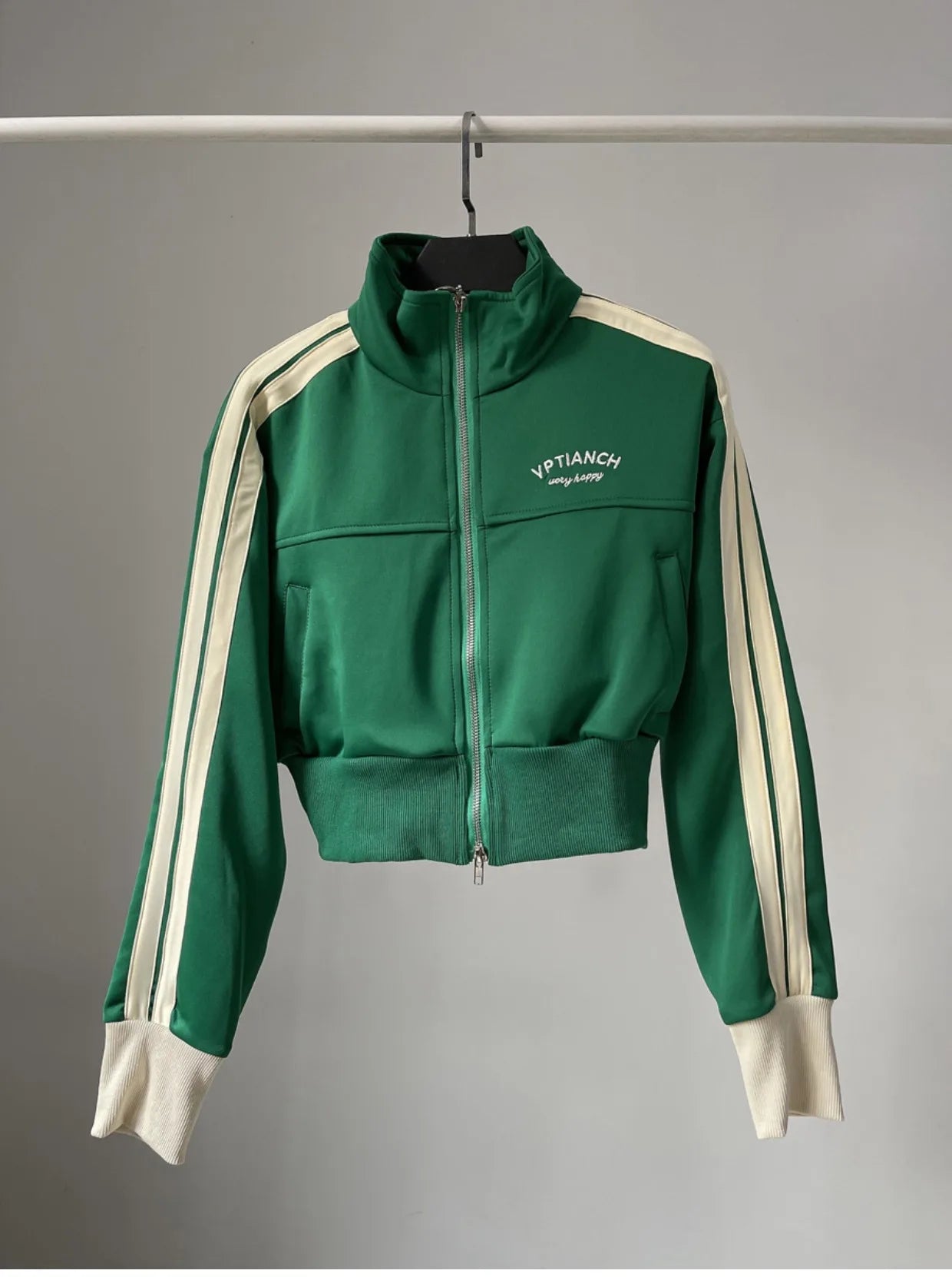 [YOZOU] Spring Double Zipper Baseball Cropped Jacket Women Outerwear Embroidered Striped Green Black White Blue Zip Up Coat