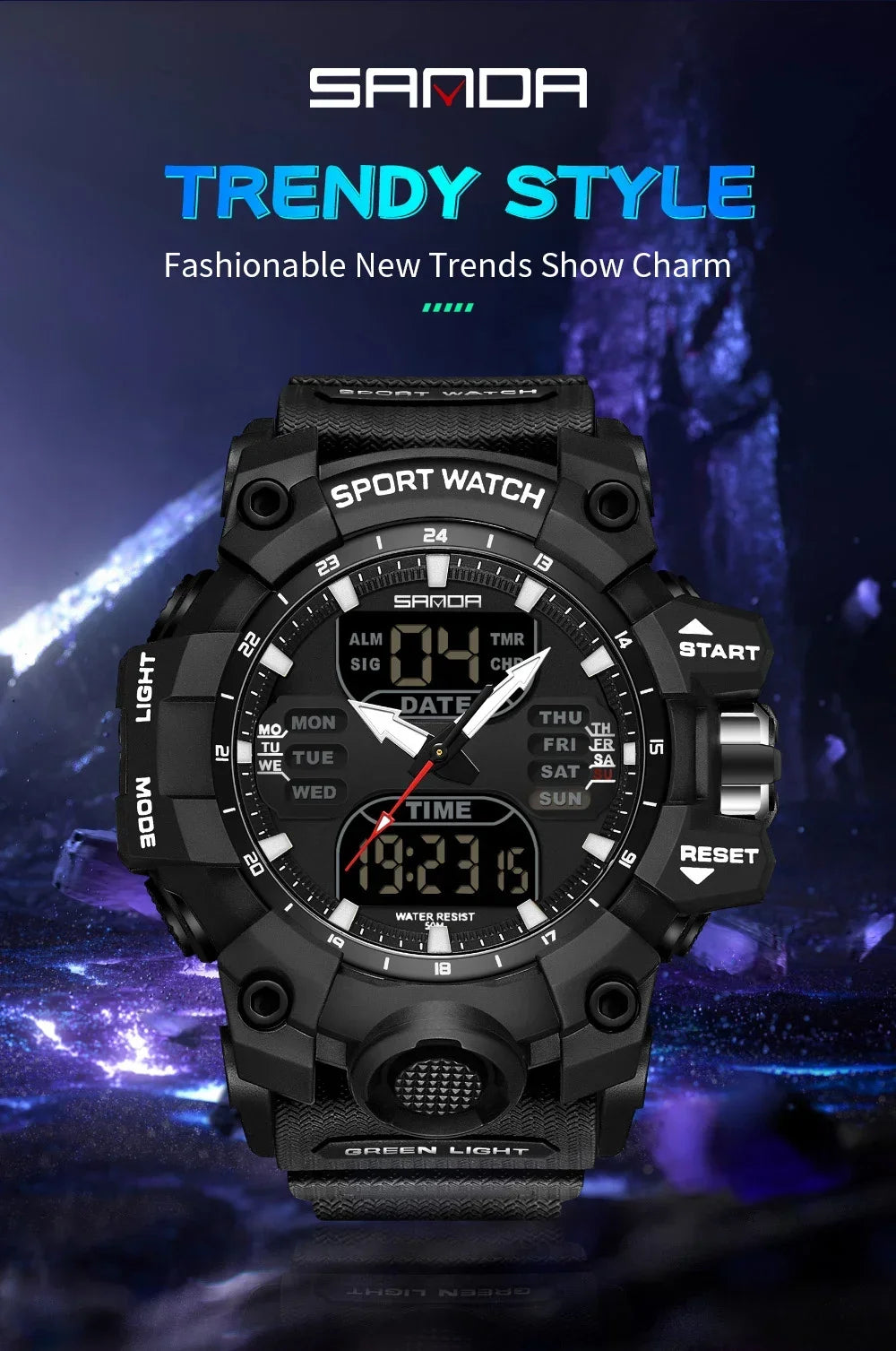 SANDA 6126 Military Man Alarm Stopwatch Quartz Wristwatch Male Digital Clock  Dual Display Men Watches Waterproof Sports Watch