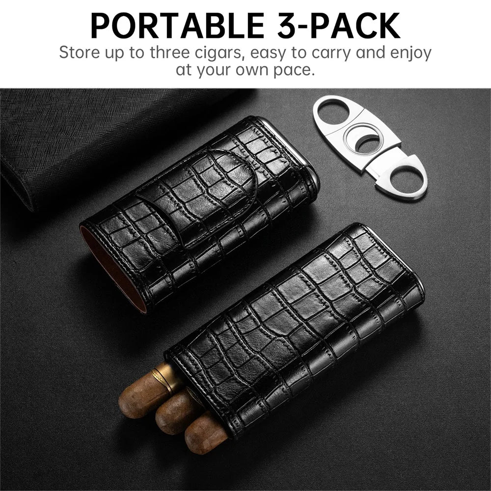 3-pack Cigar Case Luxury Portable Leather Holder Box Storage with Stainless Steel Sharp Cigar Cutter Smoking Accessories CH-24FA