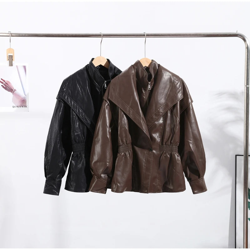 Faux Leather Jacket Women Turn-down Collar Zipper Front Puffy Sleeves Stylish Waist Cinching Coat 2025 Female Winter Outerwear