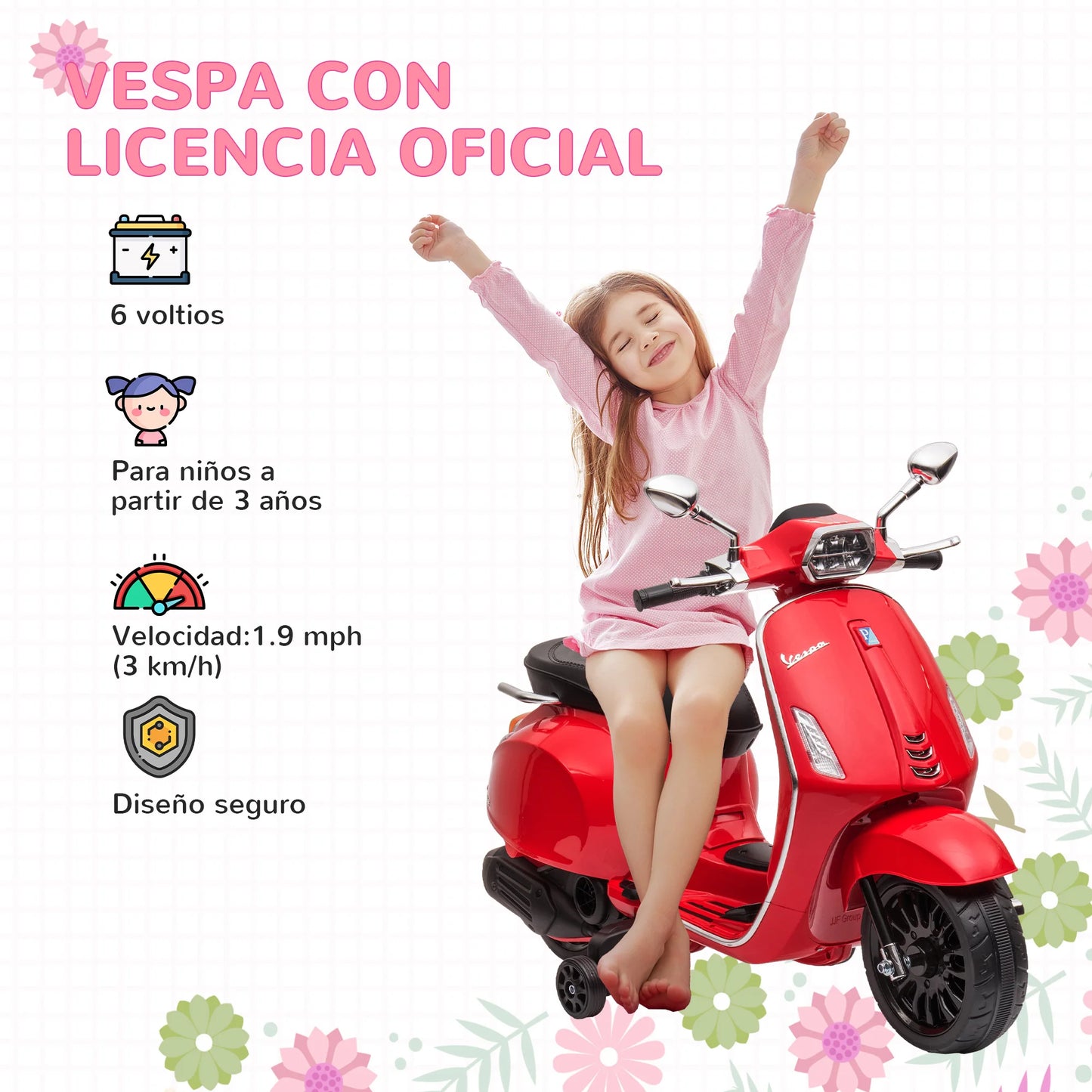Aiyaplay Electric Motorcycle for Children +3 Years with Red Vespa License
