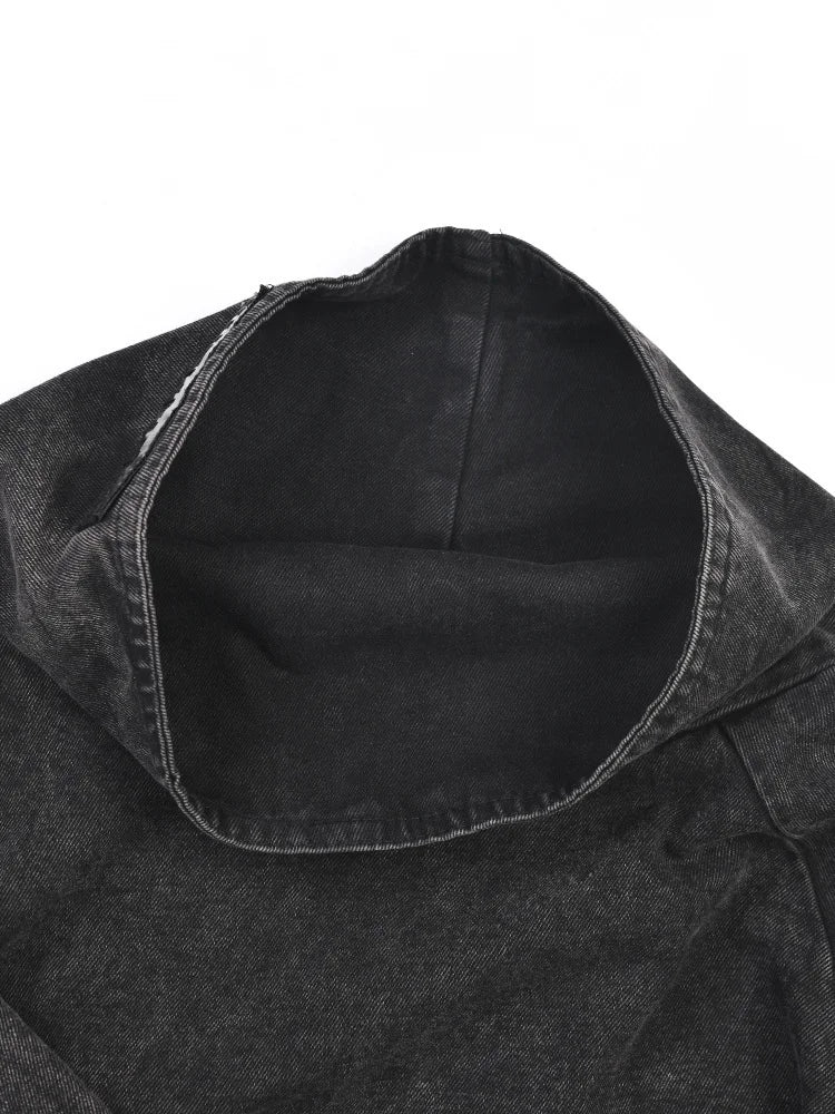 [EAM] Loose Fit Black Denim Big Size Sweatshirt New High Collar Long Sleeve Women Big Size Fashion Spring Autumn 2026 1K166