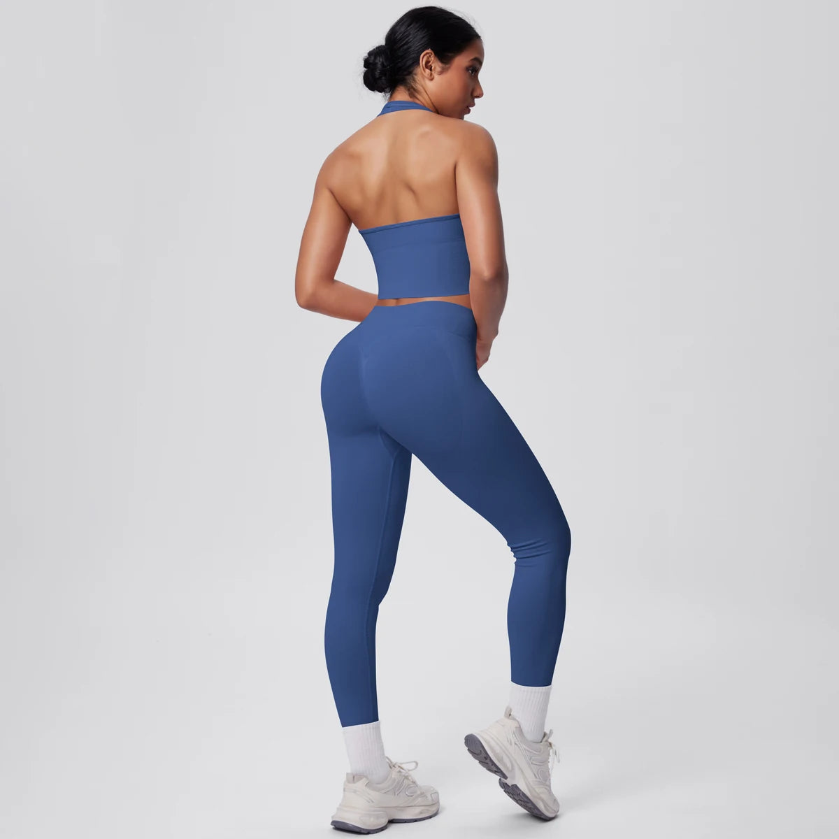 Solid Color Backless Breathable 2pieces Set for Woman High Strength Training Yoga Set Hanging Neck Bra Gym Push Up Fitness Pants