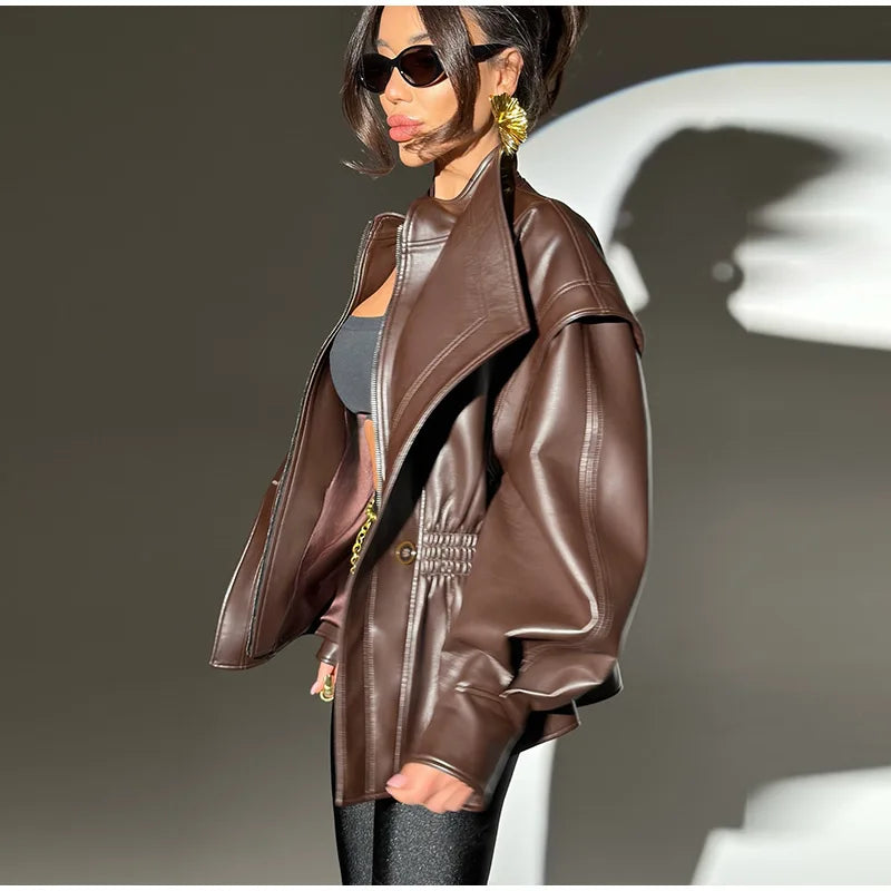 Faux Leather Jacket Women Turn-down Collar Zipper Front Puffy Sleeves Stylish Waist Cinching Coat 2025 Female Winter Outerwear