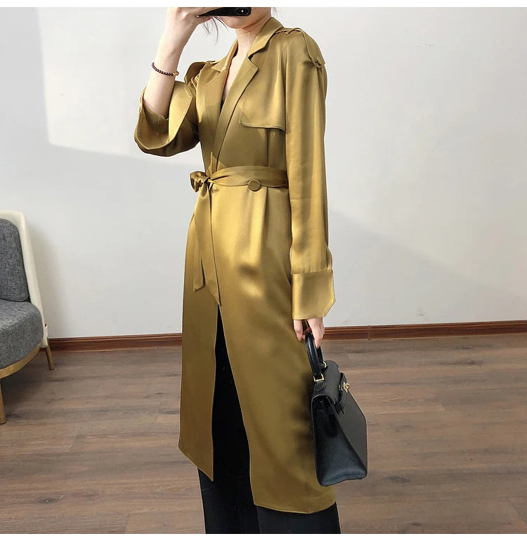 Lautaro Spring Autumn Long Soft Luxury Elegant Flowy Satin Acetate Trench Coat for Women High Quality Chic British Fashion 2022