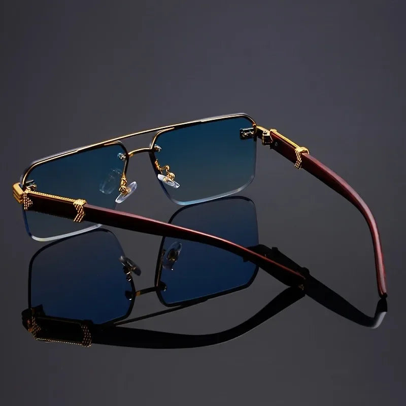 Women's Frameless Double Beam Fashion Sunglasses Golden Border Wood Grain Bracket for Male and Female Drivers Black Eyeglasses