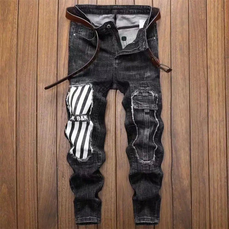 New Spring Autumn Wash Denim Korean Style Blue Designer Cowboy Cycling Motorcycle Splice Vintage Cargo Strech Pant Jean Trousers