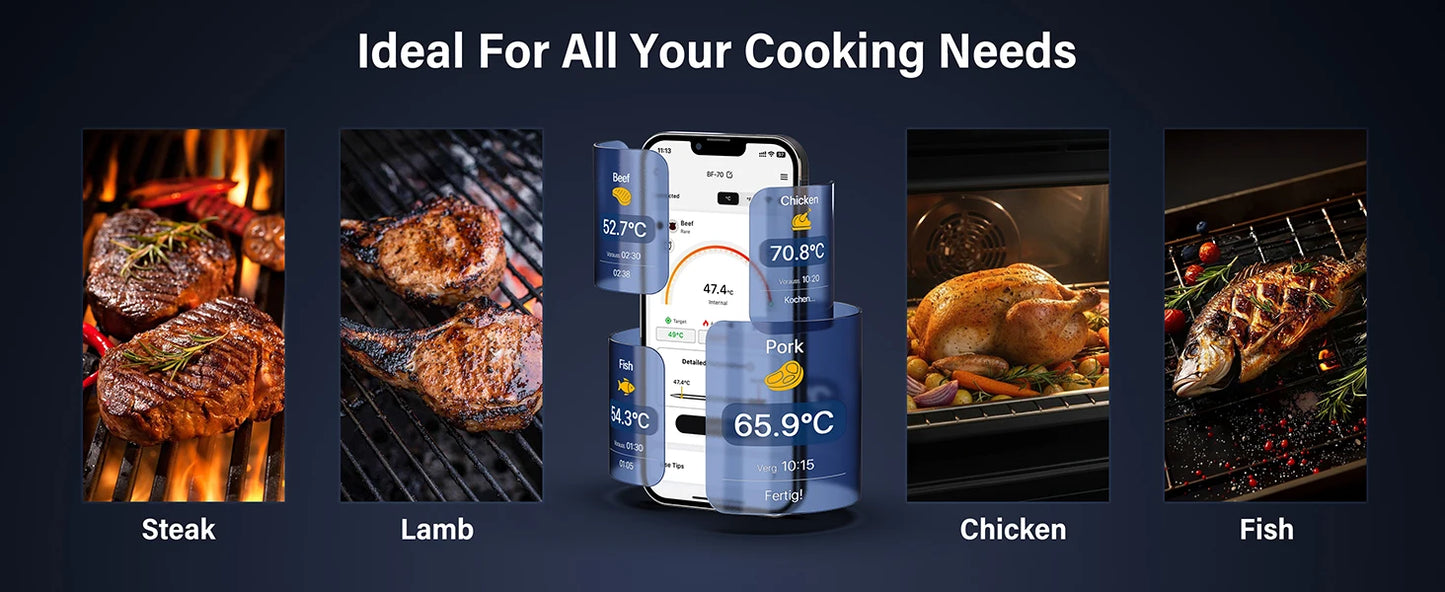 Meat Thermometer Wireless Bluetooth Probe with WiFi Unlimited Range Support APP Alarm Reminder for BBQ, Oven, Air Fryer