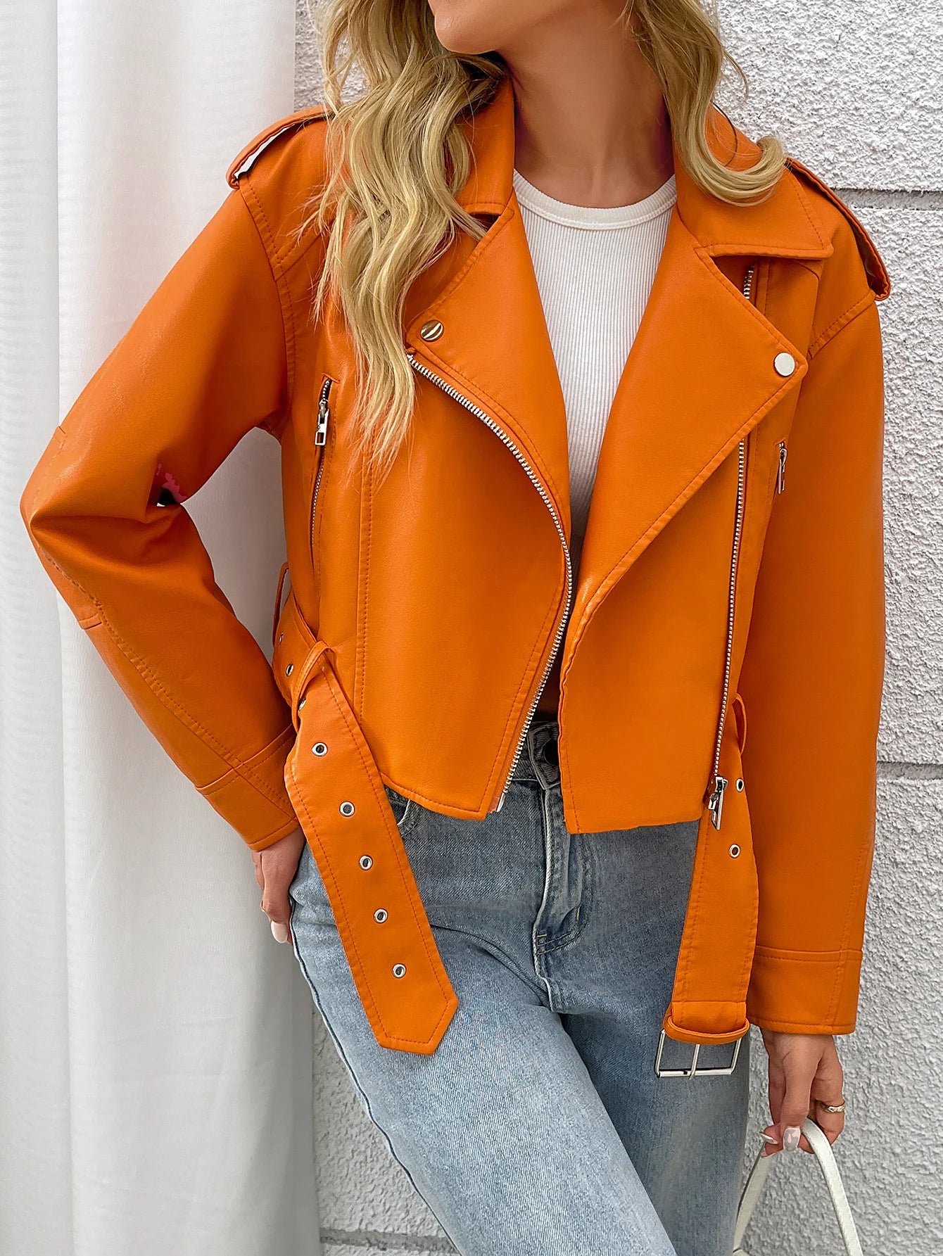 Fitaylor Spring Autumn Women PU Leather Jacket Lady Lapel Motorcycle Leather Outwear Casual Orange Coat