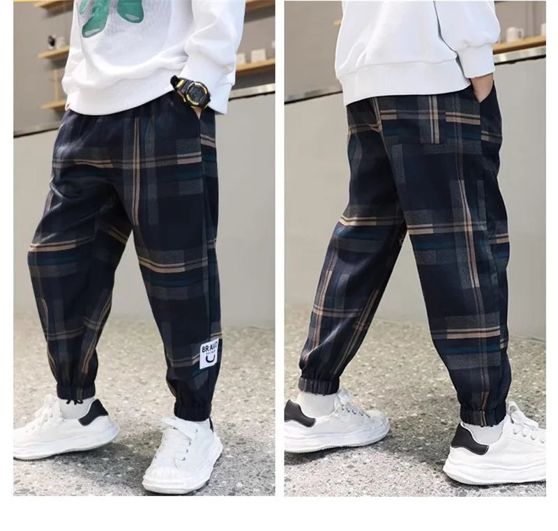 Boys Thick Plaid Pants Spring Autumn Girls Plus Velvet Warm Drawstring Kids Trend Trousers Fashion Teen Sport Casual Pants 4-12Y