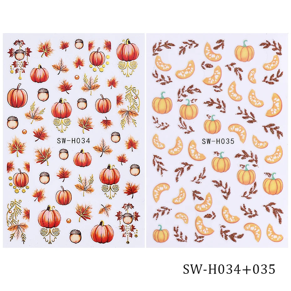2pcs Autumn Pumpkin Nail Stickers 3D Maple Leaf Pine Fruit Self-Adhesive Nail Decals Slider DIY Thanksgiving Manicure Decoration