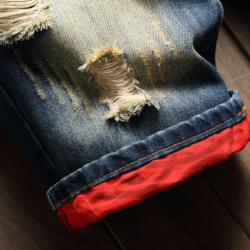 2025 Summer Ripped Denim Shorts Men's Loose Splicing Knee-length Casual Short Jeans Personality Streetwear Hip Hop Male Clothes