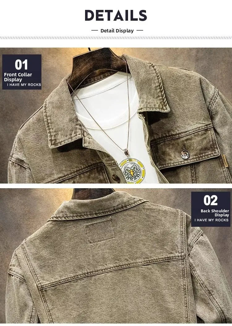 Stylish Versatile Men's Denim Jacket Autumn Spring Trendy Korean Version Casual Long Sleeve Standard Fit Outerwear Coat
