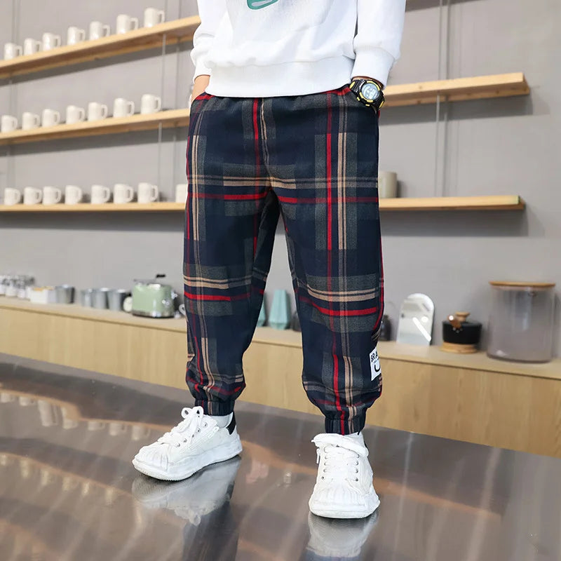 Boys Thick Plaid Pants Spring Autumn Girls Plus Velvet Warm Drawstring Kids Trend Trousers Fashion Teen Sport Casual Pants 4-12Y
