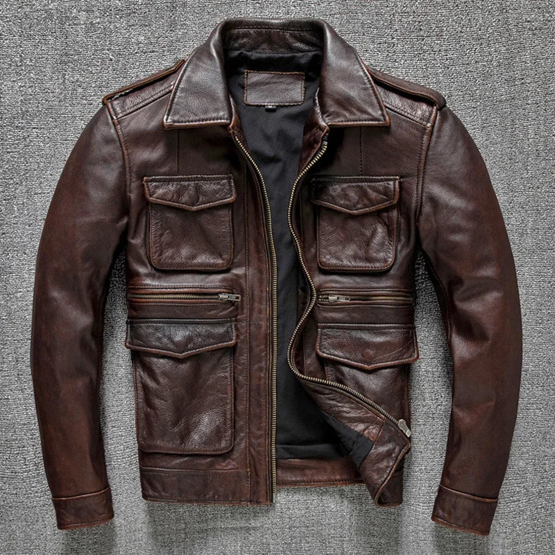 Heavy Industry M65 Hunting Cowhide Leather Jacket Men's Tooling Vintage Red Brown Genuine Leather Coats Plus Size