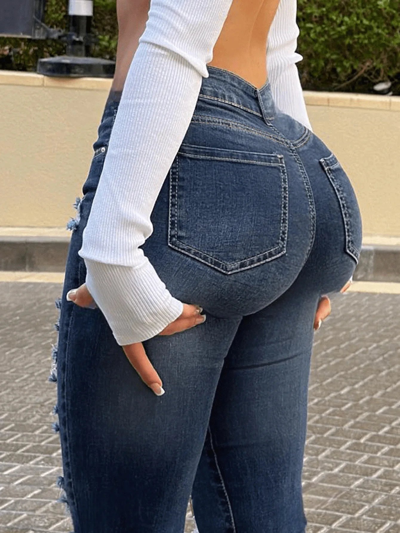 Women's Slim Fit Denim Jeans High Elasticity Mid Waist Hole Punching Washed Skinny Jeans Sexy Style Cross-Border Jeans