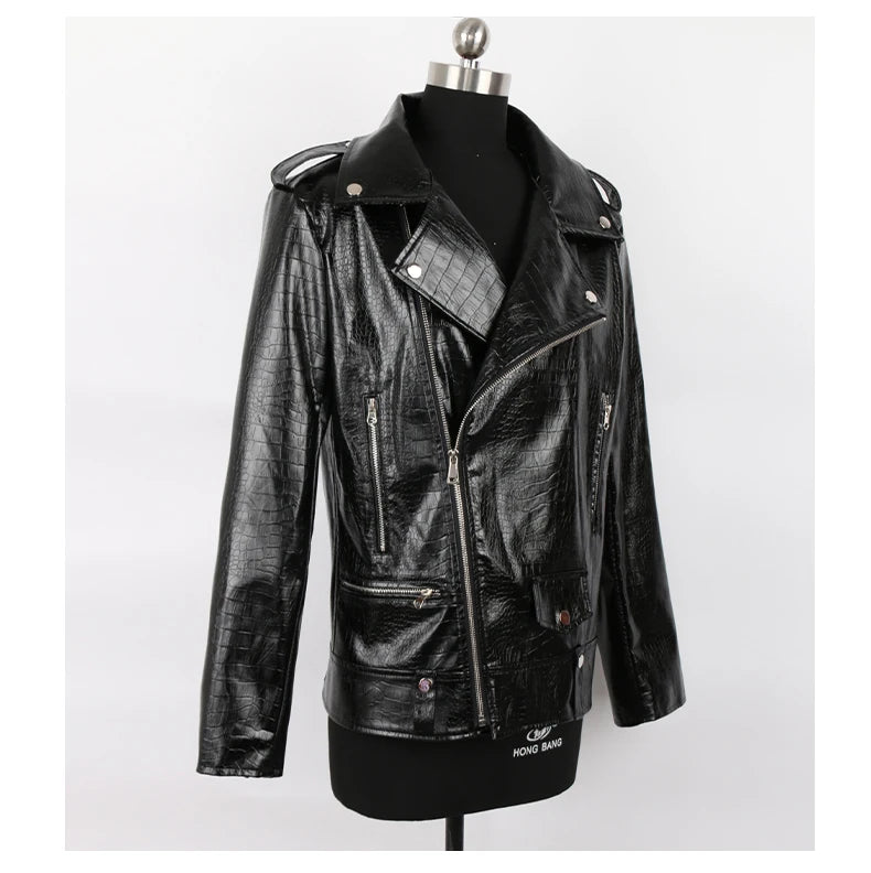 Mauroicardi Spring Red Crocodile Pattern Faux Leather Biker Jacket Long Sleeve Zipper Plus Size Designer Men Clothing 4xl 5xl