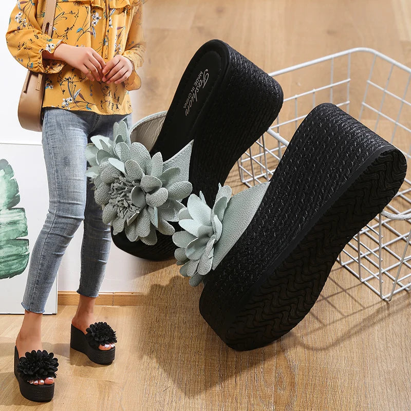 2025 Wedges Sandals Women Slippers Summer Beach Platform Shoes Flower Slippers Women High Heel Slippers Women Fashion