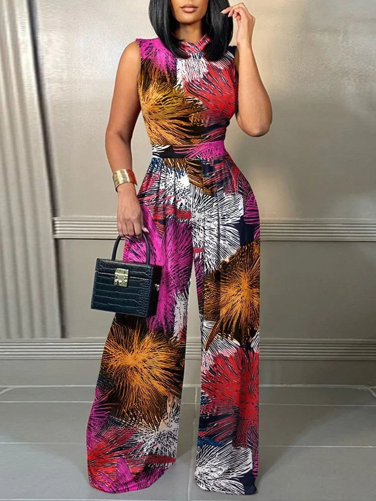 Elegant Women's Wide-leg Long Jumpsuit Spring And Summer Fashion Printed Sleeveless Casual Mid-waist Straight Jumpsuit Trousers