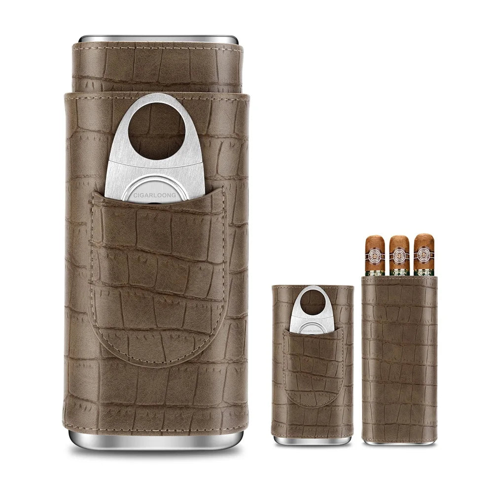 3-pack Cigar Case Luxury Portable Leather Holder Box Storage with Stainless Steel Sharp Cigar Cutter Smoking Accessories CH-24FA
