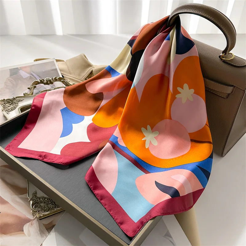70*70cm Silk Square Scarf Women Soft Flower Print Hairband Foulard Neckerchief Hijab Tie Bag Ribbon Headband Fashion Decoration