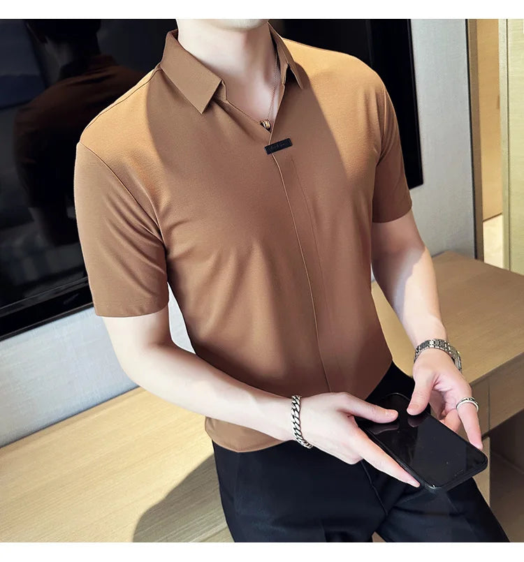 Luxury Purple Polo Shirts For Men High Quality Summer Short Sleeve Men's Polos Ice Silk Elastic Slim Fit Turn Down Collar Tees
