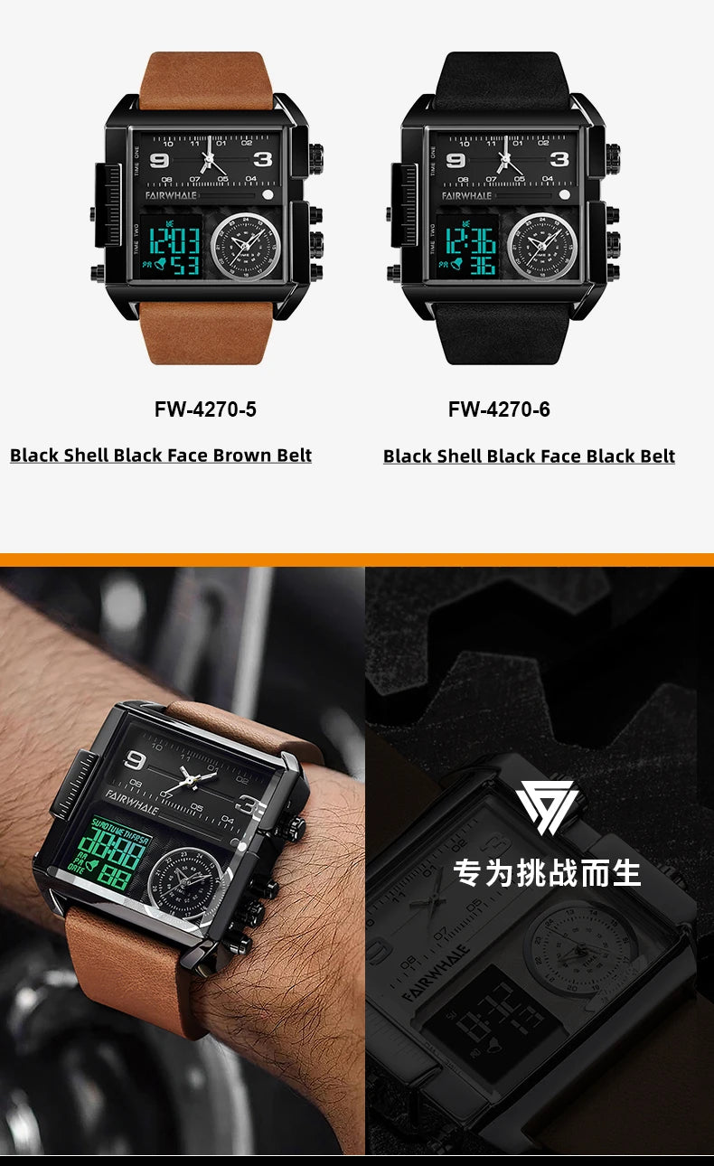 Mark Fairwhale 4270 Retro Square Men's Electronic Digital Dual Display Waterproof Night Light Leisure Men's Clock reloj hombre
